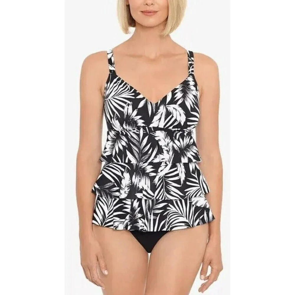Swim Solutions Feather Bloom Black White Triple Tier One Piece Swimsuit Sz 8 - Picture 1 of 12